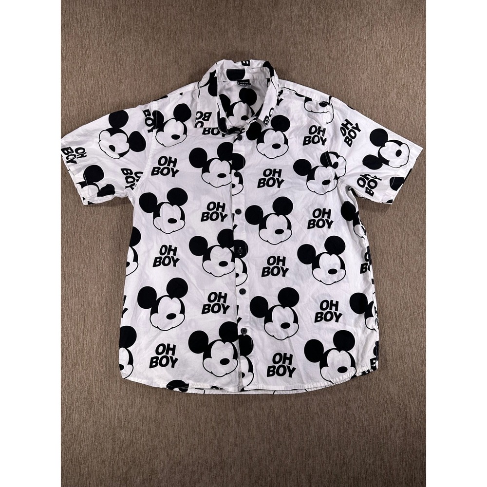 Disney Mickey Mouse Oh Boy Short Sleeve Button Down Shirt White Black Mens Small